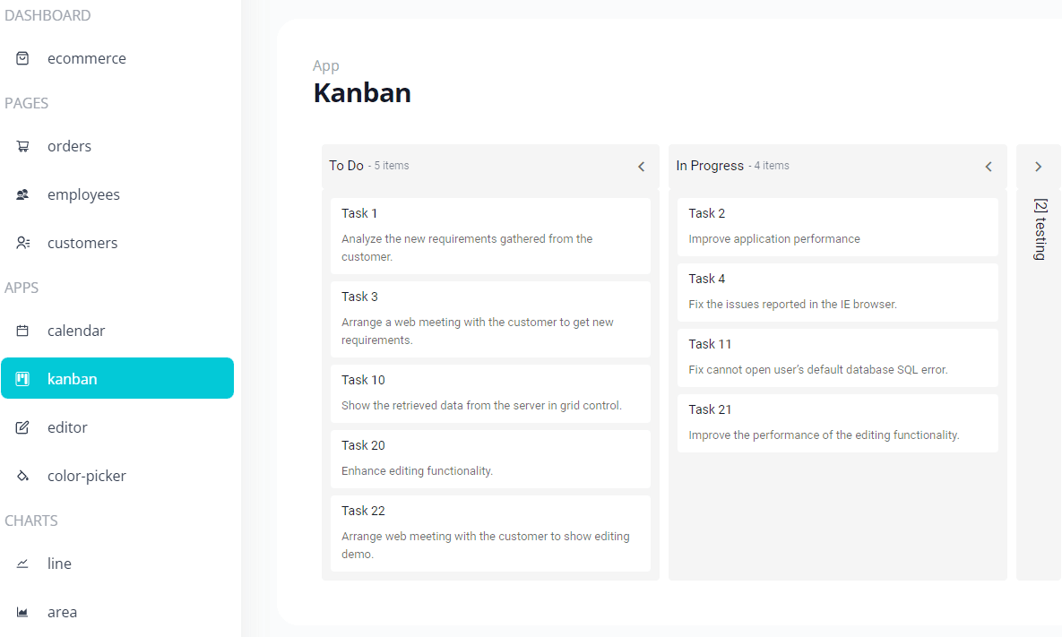 Frontend application with React with Kanban, Ecommerce, Charts, etc.